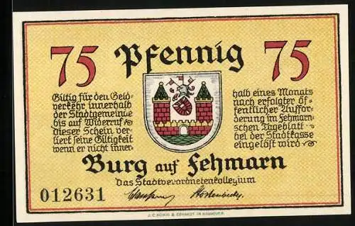 Notgeld Burg a. Fehmarn, 75 Pfennig, Männer blicken aufs Meer anno 1420, Wappen