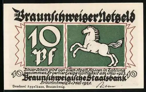 Notgeld Braunschweig 1921, 10 Pfennig, Eulenspiegel mit Eule und Spiegel