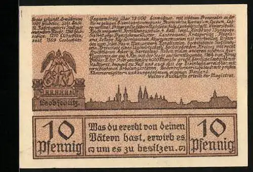 Notgeld Leobschütz 1922, 10 Pfennig, Panorama, Deutsches Haus und Heiligenbildnis