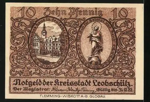 Notgeld Leobschütz 1922, 10 Pfennig, Panorama, Deutsches Haus und Heiligenbildnis