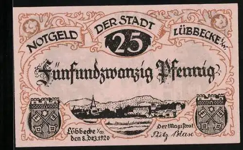Notgeld Lübbecke i. W. 1920, 25 Pfennig, Rathaus und Wappen