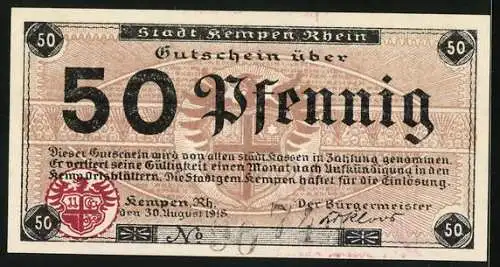 Notgeld Kempen /Rhein 1918, 50 Pfennig, Ortspartie und Wappen, Gutschein