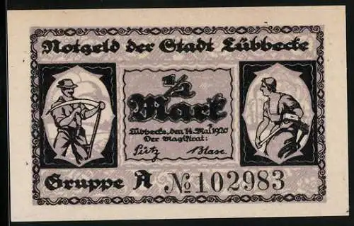 Notgeld Lübbecke i. W. 1920, 1 /2 Mark, Arbeiter mit ihren Gerätschaften, Wappen