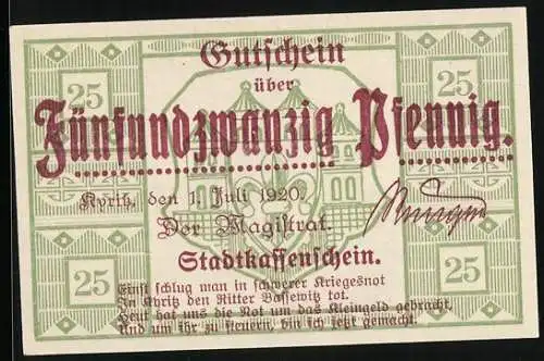 Notgeld Kyritz 1920, 25 Pfennig, Ortspartie und Wappen, Gutschein