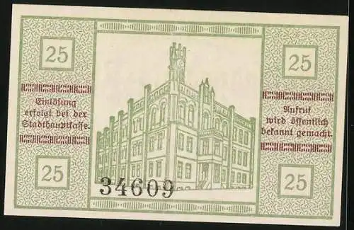 Notgeld Kyritz 1920, 25 Pfennig, Ortspartie und Wappen, Gutschein