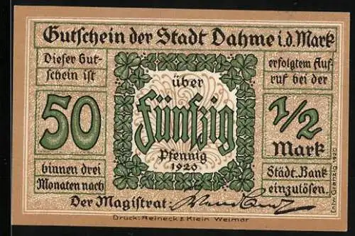 Notgeld Dahme i. d. Mark 1920, 50 Pfennig, Stadtschloss aus dem Jahre 1714