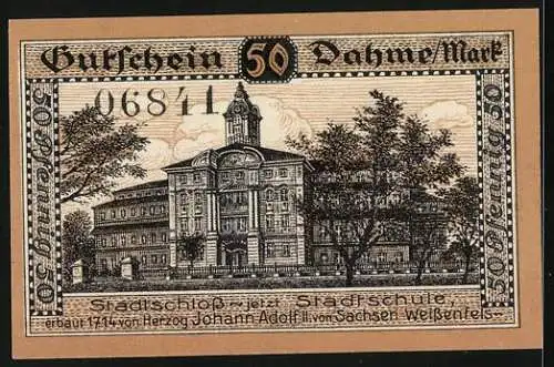 Notgeld Dahme i. d. Mark 1920, 50 Pfennig, Stadtschloss aus dem Jahre 1714