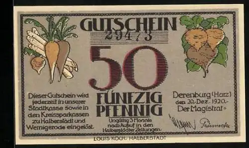 Notgeld Derenburg /Harz 1920, 50 Pfennig, Bauer bei der Feldarbeit, Gutschein