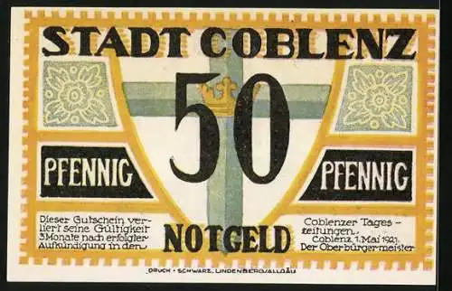 Notgeld Coblenz 1921, 50 Pfennig, Blick zur Kirche