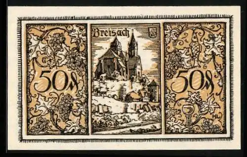 Notgeld Breisach 1921, 50 Pfennig, Blick zur Kirche, Einwohner bei der Ernte, Gutschein
