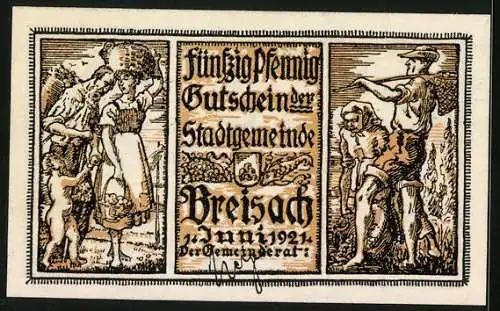 Notgeld Breisach 1921, 50 Pfennig, Blick zur Kirche, Einwohner bei der Ernte, Gutschein