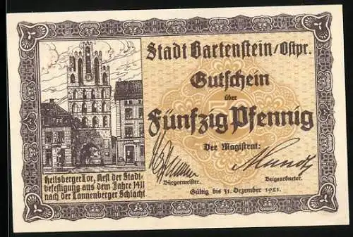 Notgeld Bartenstein /Ostpr. 1921, 50 Pfennig, Heilsberger Tor, Ritter auf seinem Pferd, Gutschein