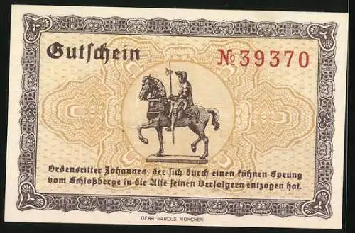 Notgeld Bartenstein /Ostpr. 1921, 50 Pfennig, Heilsberger Tor, Ritter auf seinem Pferd, Gutschein