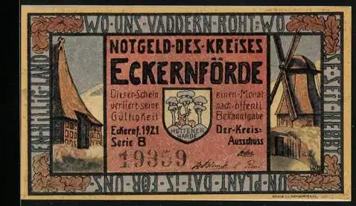 Notgeld Eckernförde 1921, 50 Pfennig, Felsformation über dem Meer, Windmühle und Bauernkate
