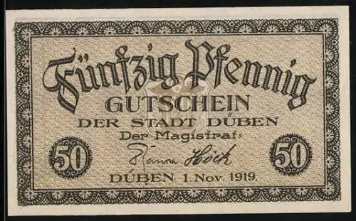 Notgeld Düben 1919, 50 Pfennig, Ortsansicht mit Kirche