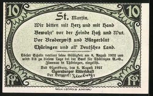 Notgeld Bad Elgersburg 1921, 10 Pfennig, Schutzpatron St. Martinus