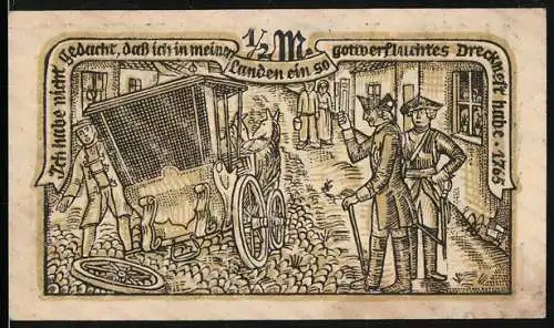 Notgeld Strausberg 1921, 1 /2 Mark, Der alte Fritz betrachtet die kaputte Kutsche, Wappen