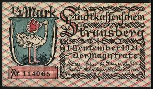 Notgeld Strausberg 1921, 1 /2 Mark, Der alte Fritz betrachtet die kaputte Kutsche, Wappen