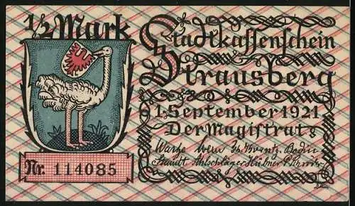 Notgeld Strausberg 1921, 1 /2 Mark, Belagerung von Strausberg im Jahre 1402, Wappen