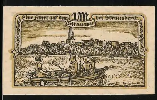 Notgeld Strausberg 1921, 1 Mark, Fahrt auf dem Straussee, Wappen