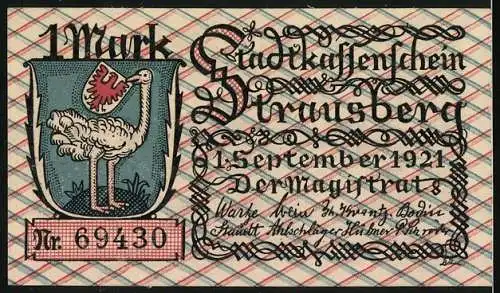 Notgeld Strausberg 1921, 1 Mark, Fahrt auf dem Straussee, Wappen