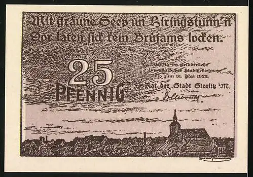 Notgeld Strelitz i. M. 1922, 25 Pfennig, Panorama und Ortspartie