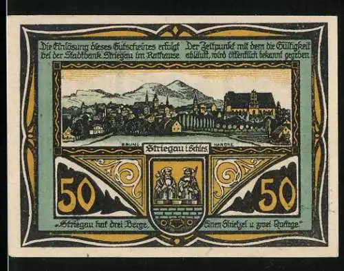 Notgeld Striegau i. Schl. 1920, 50 Pfennig, Ortsansicht und Rathaus, Bienenstöcke und Wappen
