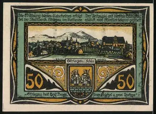 Notgeld Striegau i. Schl. 1920, 50 Pfennig, Ortsansicht und Rathaus, Bienenstöcke und Wappen