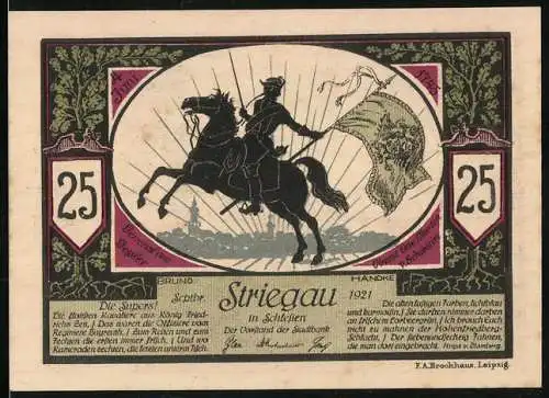 Notgeld Striegau i. Schl. 1921, 25 Pfennig, Bildnis Friedrich der Grosse, Mann mit Fahne zu Pferde