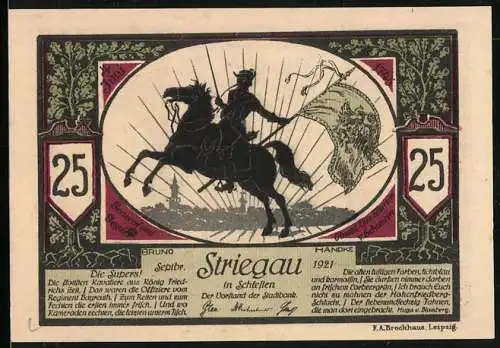 Notgeld Striegau i. Schl. 1921, 25 Pfennig, Bildnis Friedrich der Grosse, Mann mit Fahne zu Pferde