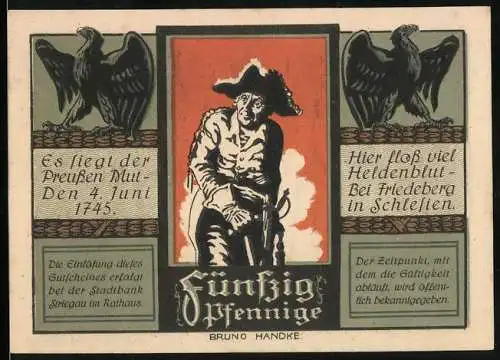 Notgeld Striegau i. Schl. 1921, 50 Pfennig, Friedrich der Grosse, Plan der Schlacht bei Hohenfriedeberg 1745
