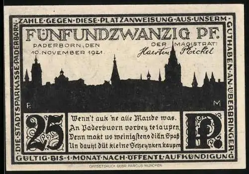 Notgeld Paderborn 1921, 25 Pfennig, Panorama und Kisau in Paderborn