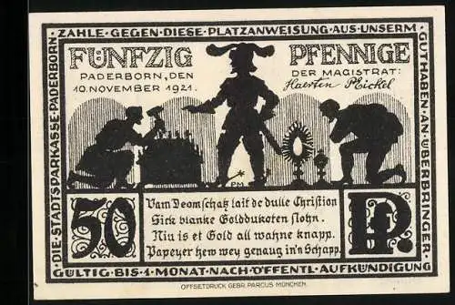 Notgeld Paderborn 1921, 50 Pfennig, Männer mit Domschatz, Friedhof des Domes
