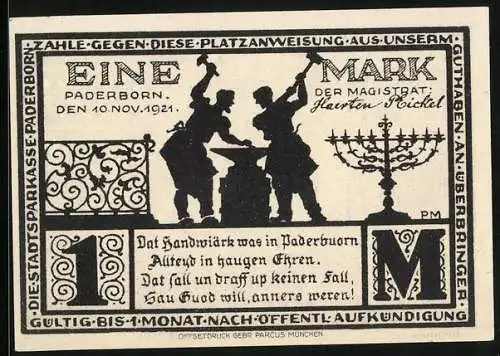 Notgeld Paderborn 1921, 1 Mark, Männer mit Amboss, Haus Levermann