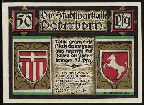 Notgeld Paderborn 1921, 50 Pfennig, Empfang des Papstes Leo III. durch Kaiser Karl d. Gr. in Paderborn 799