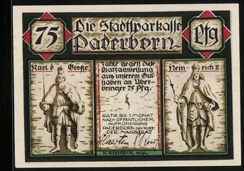 Notgeld Paderborn, 75 Pfennig, Krönung der Kaiserin Kunigunde am 10. August 1002 zu Paderborn