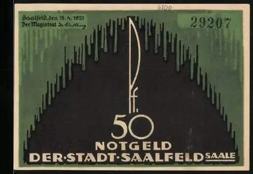 Notgeld Saalfeld /Saale 1921, 50 Pfennig, Rathaus und Wappen