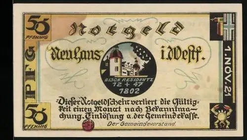 Notgeld Neuhaus i. Westf. 1921, 50 Pfennig, Bisch. Residenz, Truppenübungsplatz Sennelager 1892 bis 1921