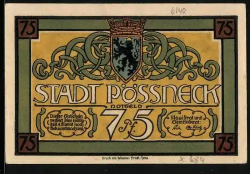 Notgeld Pössneck, 75 Pfennig, Ortspartie mit bunten Lichtern, Wappen