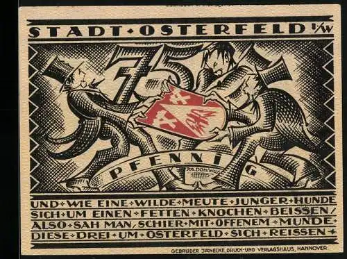 Notgeld Osterfeld i. W., 75 Pfennig, Männer streiten sich um ein Wappen, Bergwerksarbeiter