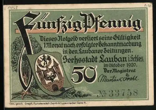 Notgeld Lauban i. Schl. 1920, 50 Pfennig, Panorama und Wappen