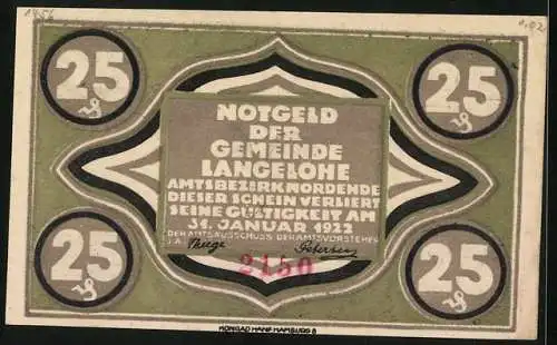 Notgeld Langelohe 1922, 25 Pfennig, Hahn und Wappen