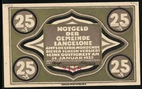 Notgeld Langelohe 1922, 25 Pfennig, Schwein und Wappen