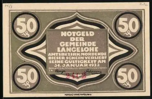 Notgeld Langelohe 1922, 50 Pfennig, Schaf und Wappen