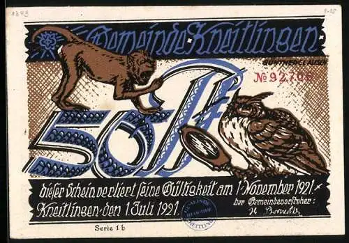 Notgeld Kneitlingen 1921, 50 Pfennig, Eulenspiegelhof, Affe und Eule