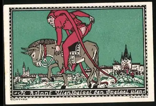 Notgeld Kneitlingen 1921, 1 Mark, Eulenspiegel zeigt sein Hinterteil, Affe mit Spiegel