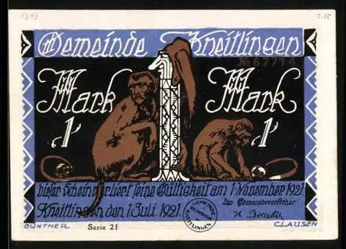 Notgeld Kneitlingen 1921, 1 Mark, Wie Eulenspiegel im Grabe zum Stehen kam, Affe mit Spiegel