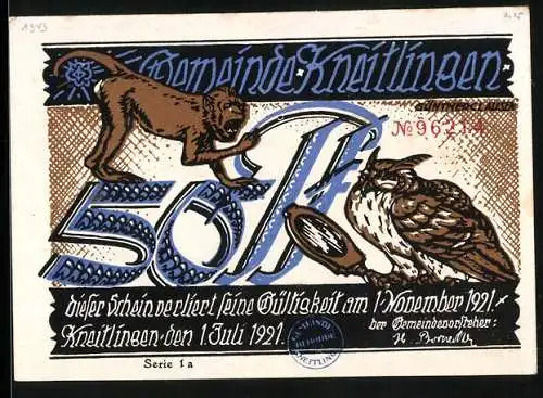 Notgeld Kneitlingen 1921, 50 Pfennig, Till Eulenspiegel als Kind mit seinen Eltern, Affe und Eule