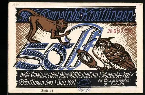 Notgeld Kneitlingen 1921, 50 Pfennig, Eulenspiegelhof, Affe und Eule