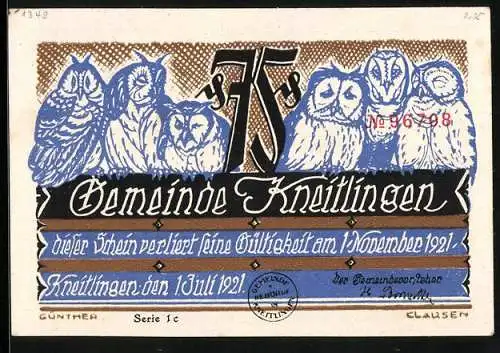 Notgeld Kneitlingen 1921, 75 Pfennig, Eulenspiegel balanciert mit Schuhen auf einen Seil